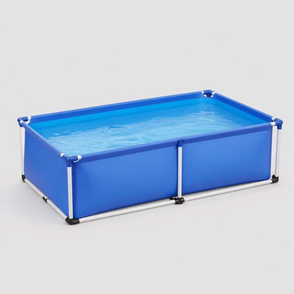 Piscine hors sol rectangulaire à liner bleu sur fond gris clair