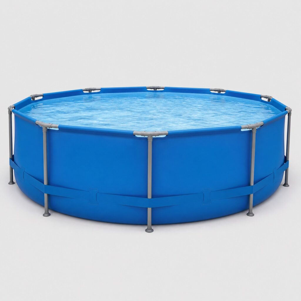 Piscine tubulaire à armature acier et liner bleu sur fond gris clair