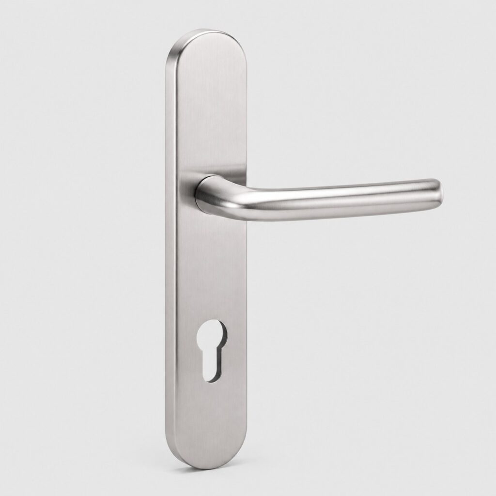 Poignée de porte intérieure en inox brossé sur plaque longue