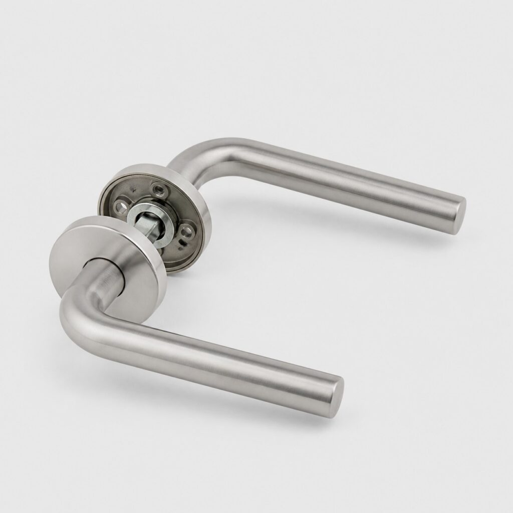 Poignée de porte intérieure en inox brossé sur rosaces avec son carré