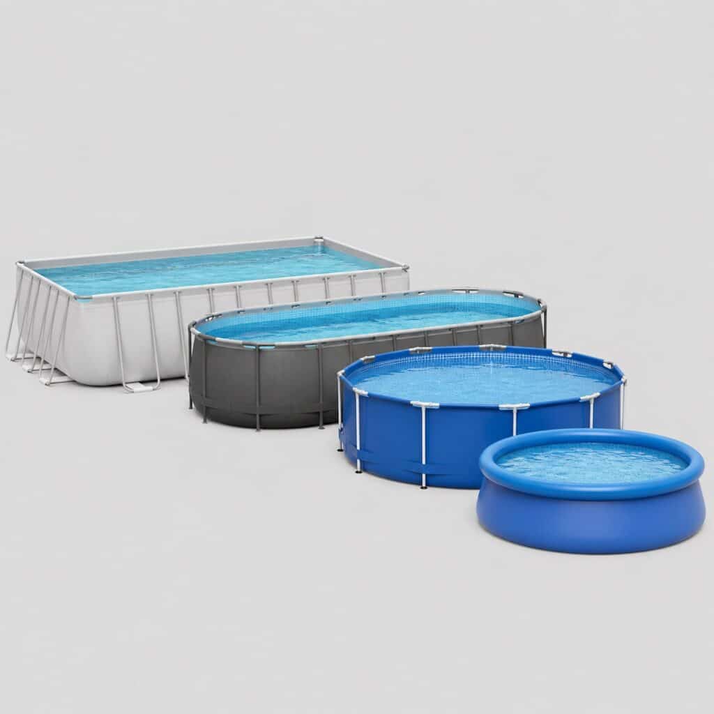 Plusieurs piscines hors sol de tailles différentes sur fond gris clair