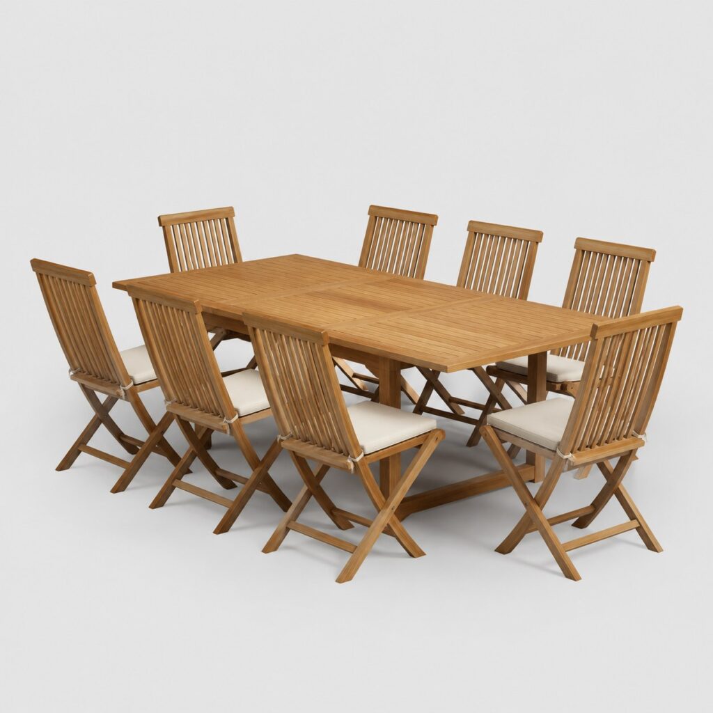 Salon de jardin en teck huilé massif miel avec table à rallonge sur fond gris clair